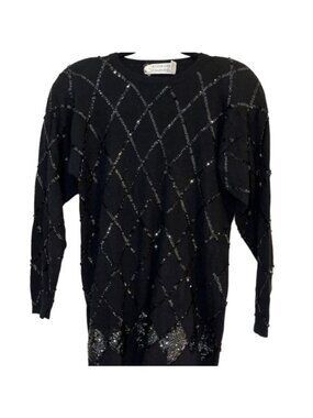 Cashmere Sequin Knit Sweater M Black Retro Mod Neutral Festive Holiday Classic‎